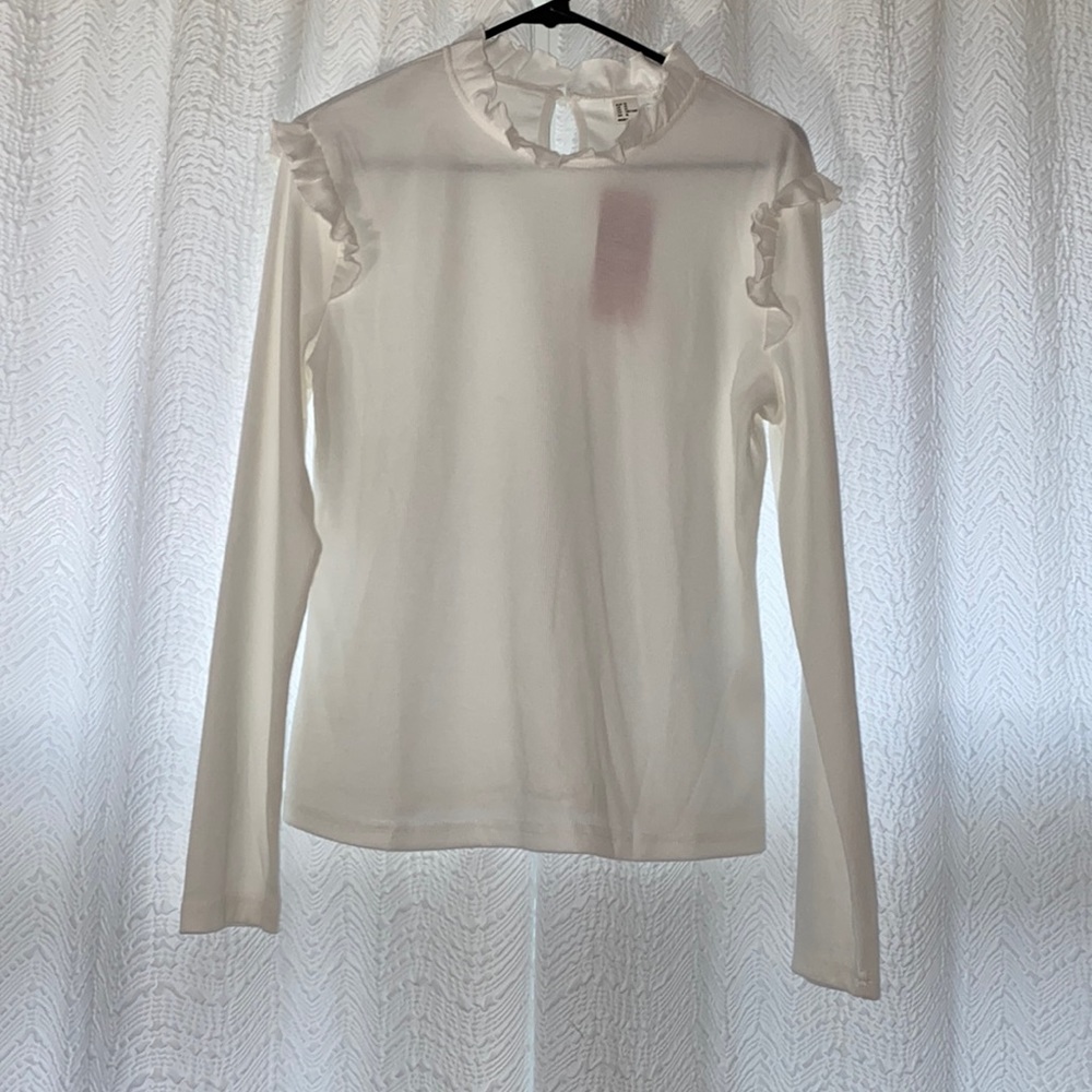 Amazon basic-long sleeve ruffle neck and shoulder shirt- keyhole back with pearl